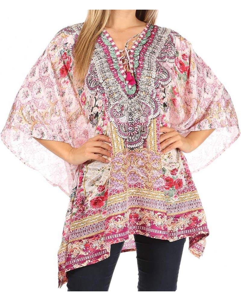 Aymee Women's Caftan Poncho Cover up V Neck Top Lace up with Rhinestone Orpi264-pink $24.29 Swimsuits