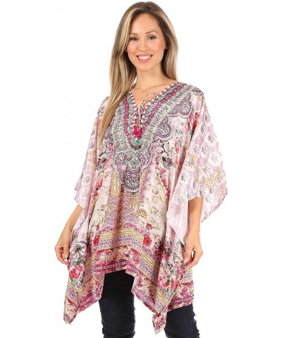 Aymee Women's Caftan Poncho Cover up V Neck Top Lace up with Rhinestone Orpi264-pink $24.29 Swimsuits