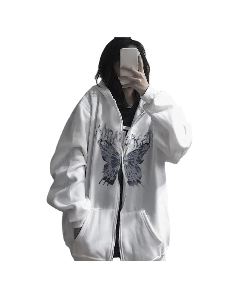 Women Butterfly Graphic Zip Up Hoodie Dark Academia Y2K Hoodie Preppy Streetwear Hoodies Grunge Jacket Goth Punk Clothes Whit...