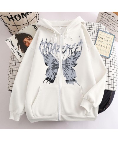 Women Butterfly Graphic Zip Up Hoodie Dark Academia Y2K Hoodie Preppy Streetwear Hoodies Grunge Jacket Goth Punk Clothes Whit...