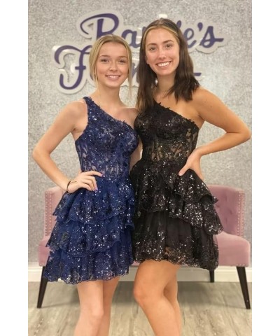 Sparkly Sequin Lace Homecoming Dresses One Shoulder Prom Cocktail Party Dress Short for Teens VT051 Navy Blue $30.36 Dresses