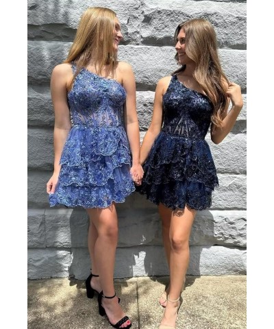 Sparkly Sequin Lace Homecoming Dresses One Shoulder Prom Cocktail Party Dress Short for Teens VT051 Navy Blue $30.36 Dresses