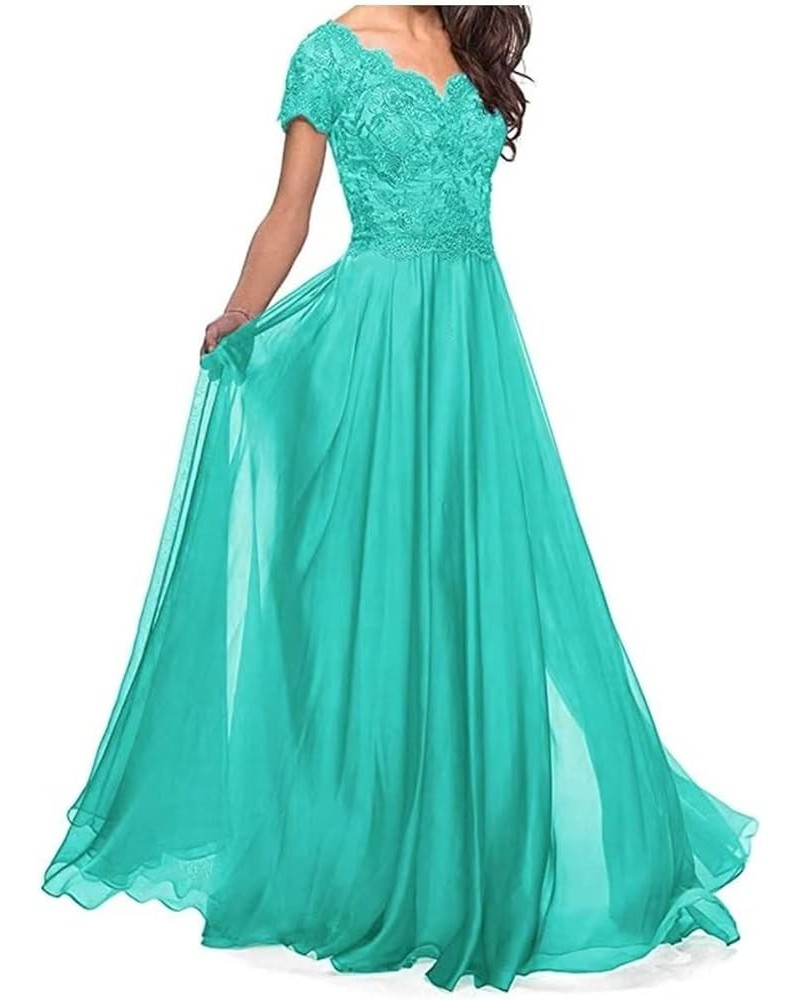 Laces Appliques Mother of The Bride Dresses Long Chiffon Short Sleeve Mother of The Groom Dresses for Wedding Turquoise $38.2...