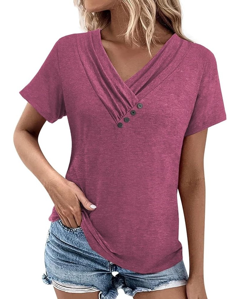 Womens Tops Summer Short Sleeve ShirtsTrendy Fashion Clothes V Neck Tshirts Ladies Tunics Casual Blouses Fuchsia $11.99 Tops