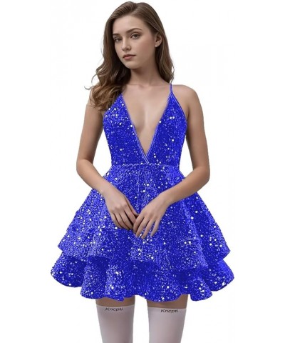 Women's Halter Homecoming Dress V Neck Prom Dress Short Sparkly Brithday Party Gowns Sexy Backless Royalblue $39.74 Dresses