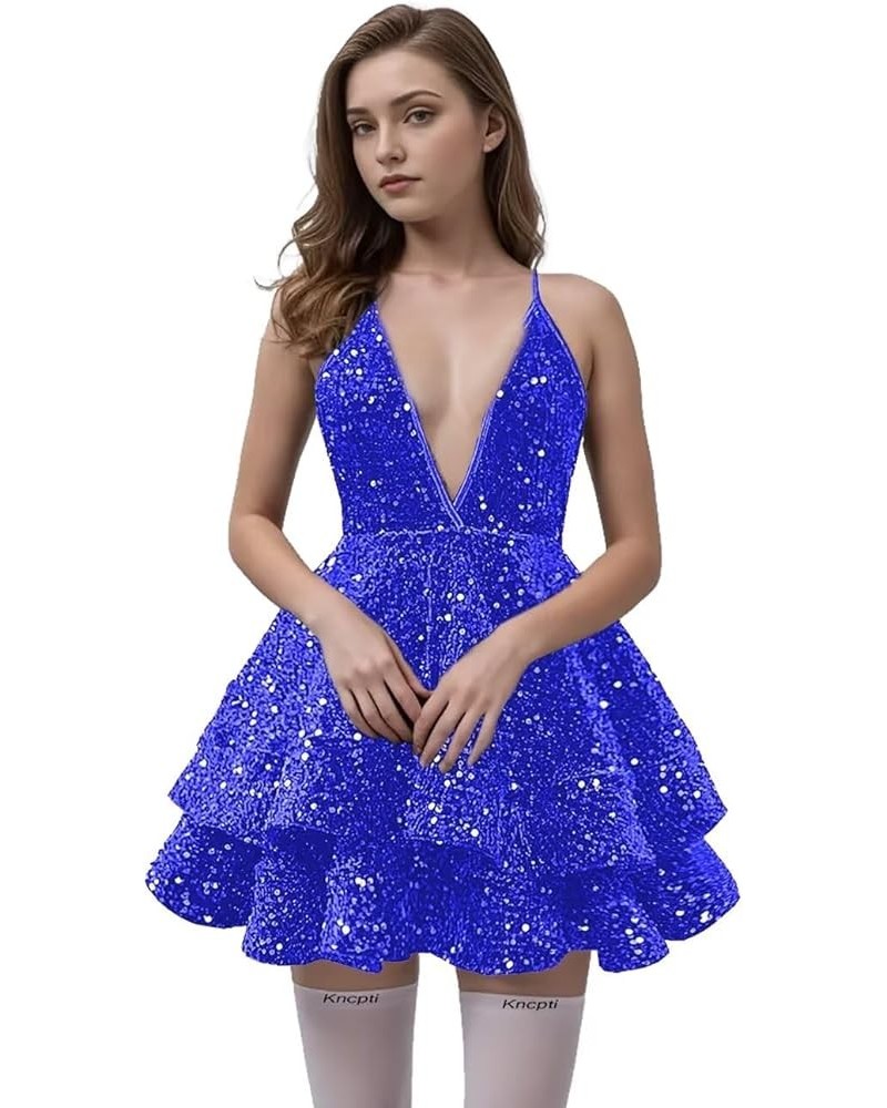 Women's Halter Homecoming Dress V Neck Prom Dress Short Sparkly Brithday Party Gowns Sexy Backless Royalblue $39.74 Dresses