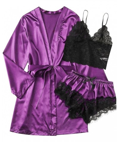 Satin Robe Pajama Set Women Silk Nighty for Women Long Silk Satin Pajamas for Women Short Sleeve Purple $9.34 Sleep & Lounge