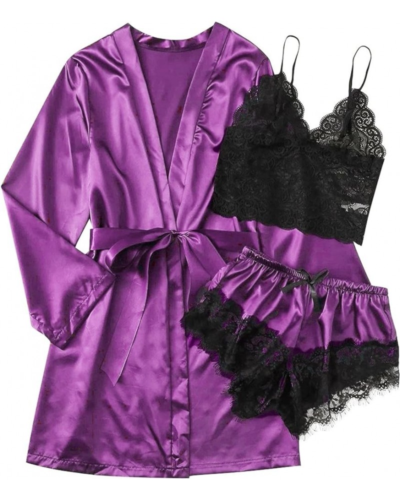 Satin Robe Pajama Set Women Silk Nighty for Women Long Silk Satin Pajamas for Women Short Sleeve Purple $9.34 Sleep & Lounge