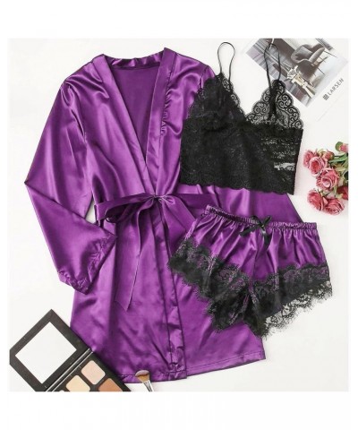 Satin Robe Pajama Set Women Silk Nighty for Women Long Silk Satin Pajamas for Women Short Sleeve Purple $9.34 Sleep & Lounge