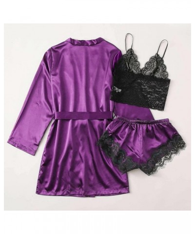 Satin Robe Pajama Set Women Silk Nighty for Women Long Silk Satin Pajamas for Women Short Sleeve Purple $9.34 Sleep & Lounge