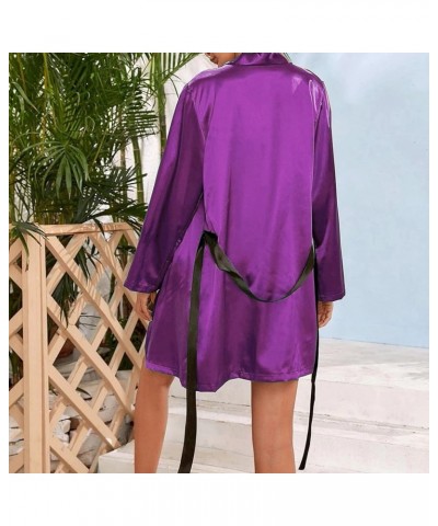 Satin Robe Pajama Set Women Silk Nighty for Women Long Silk Satin Pajamas for Women Short Sleeve Purple $9.34 Sleep & Lounge