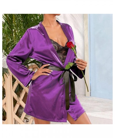 Satin Robe Pajama Set Women Silk Nighty for Women Long Silk Satin Pajamas for Women Short Sleeve Purple $9.34 Sleep & Lounge