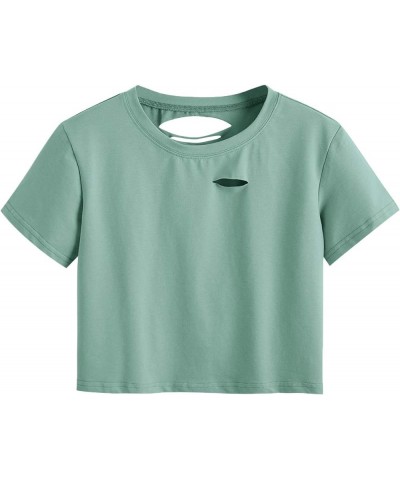 Women's Short Sleeve Distressed Crop T-Shirt Summer Tops Bluish Green $11.19 T-Shirts