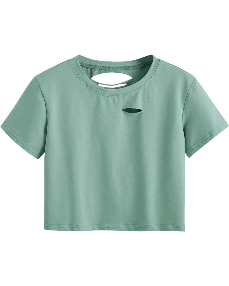 Women's Short Sleeve Distressed Crop T-Shirt Summer Tops Bluish Green $11.19 T-Shirts