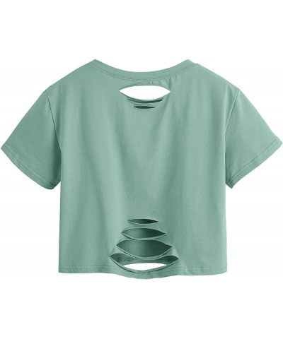 Women's Short Sleeve Distressed Crop T-Shirt Summer Tops Bluish Green $11.19 T-Shirts