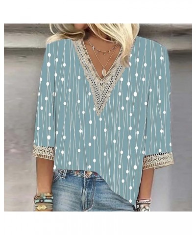 3/4 Sleeve Tops for Women Hollow V Neck Dressy Blouses Floral Print Layers Mesh Shirts Loose Fit Tunic Tops 01-cyan $8.99 Blo...