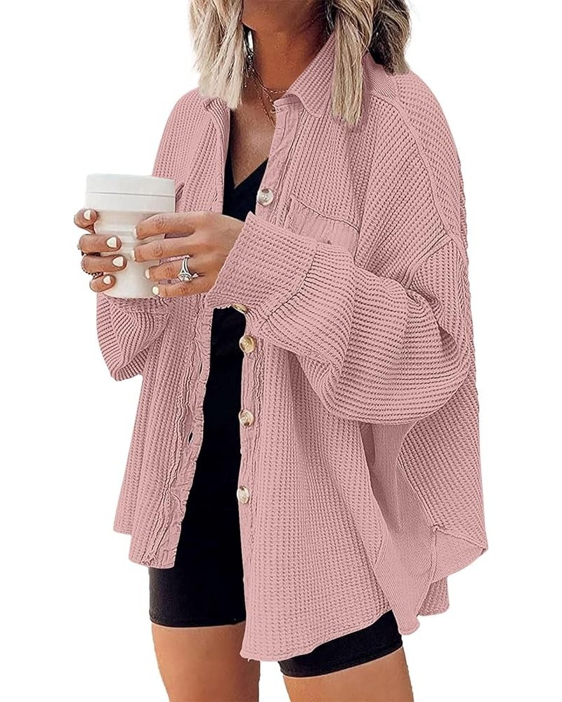 Womens Shacket Jacket Waffle Knit Oversized Button Down Shirts Fall Outfits 2024 Fashion Clothes Deeppink $17.35 Blouses