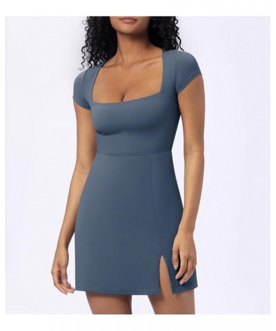 Women's Square Neck Short Sleeve Mini Dress 2024 Side Slit Stretchy A Line Dresses Haze Blue $14.70 Dresses