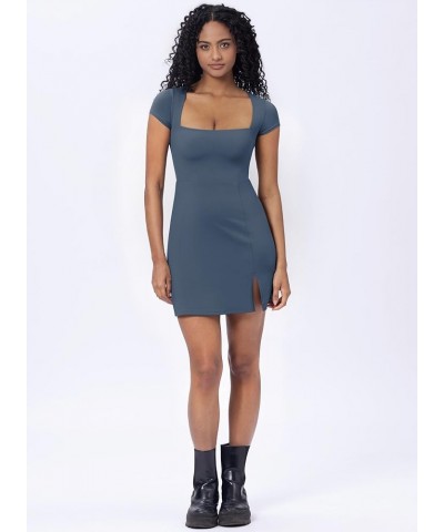 Women's Square Neck Short Sleeve Mini Dress 2024 Side Slit Stretchy A Line Dresses Haze Blue $14.70 Dresses