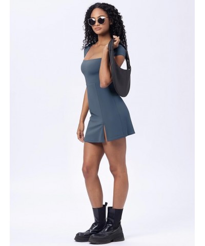 Women's Square Neck Short Sleeve Mini Dress 2024 Side Slit Stretchy A Line Dresses Haze Blue $14.70 Dresses