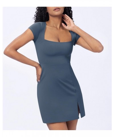 Women's Square Neck Short Sleeve Mini Dress 2024 Side Slit Stretchy A Line Dresses Haze Blue $14.70 Dresses