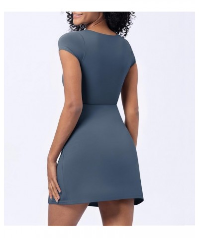 Women's Square Neck Short Sleeve Mini Dress 2024 Side Slit Stretchy A Line Dresses Haze Blue $14.70 Dresses