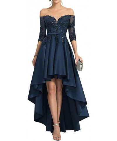 Women's Off-The-Shoulder Asymmetrical Satin Lace Cocktail Dress with Sequins Evening Gowns Navy Blue $37.44 Dresses