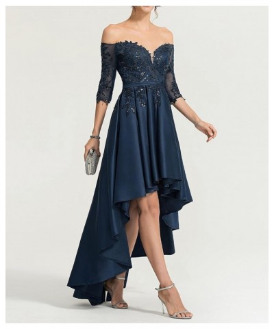 Women's Off-The-Shoulder Asymmetrical Satin Lace Cocktail Dress with Sequins Evening Gowns Navy Blue $37.44 Dresses