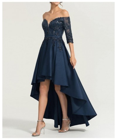 Women's Off-The-Shoulder Asymmetrical Satin Lace Cocktail Dress with Sequins Evening Gowns Navy Blue $37.44 Dresses