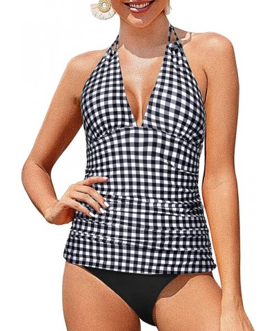 Womens Two Piece Swimsuits Tummy Control Tankini Plus Size Bathing Suit Halter V Neck Swimwear Black White Checkered $19.37 S...