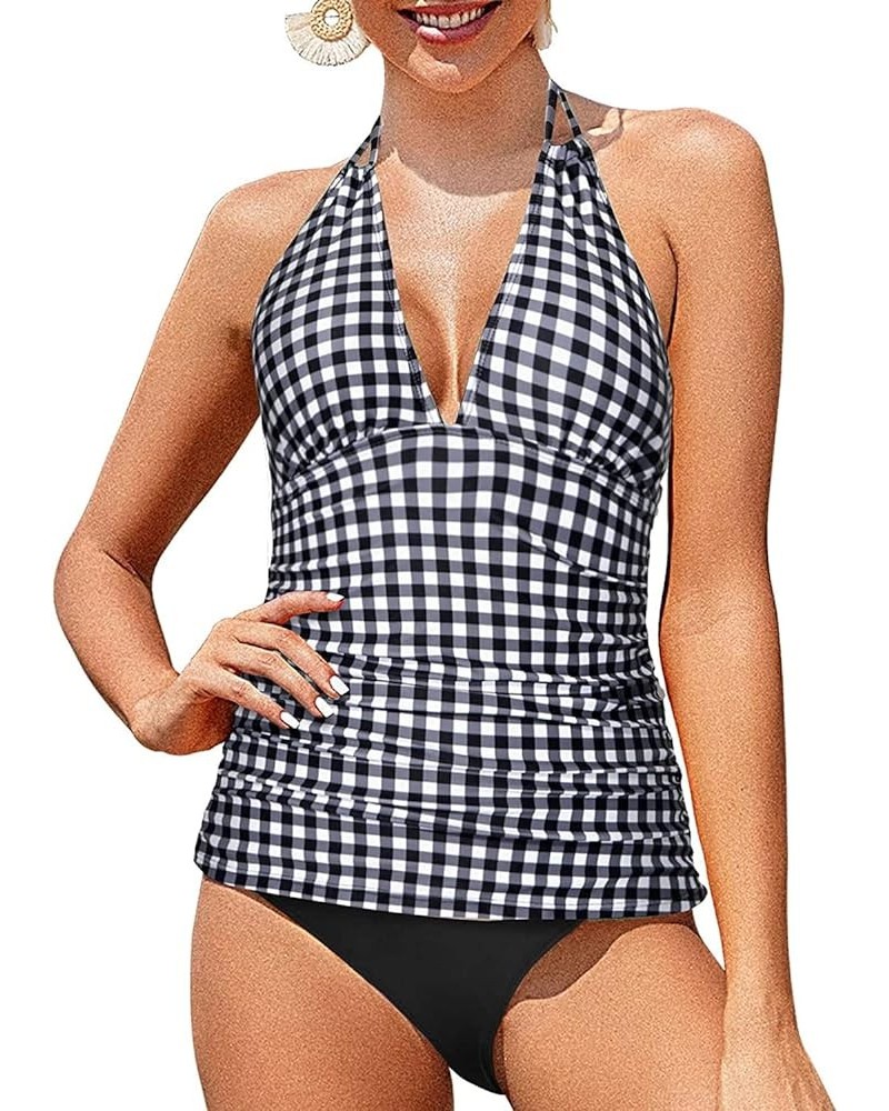 Womens Two Piece Swimsuits Tummy Control Tankini Plus Size Bathing Suit Halter V Neck Swimwear Black White Checkered $19.37 S...