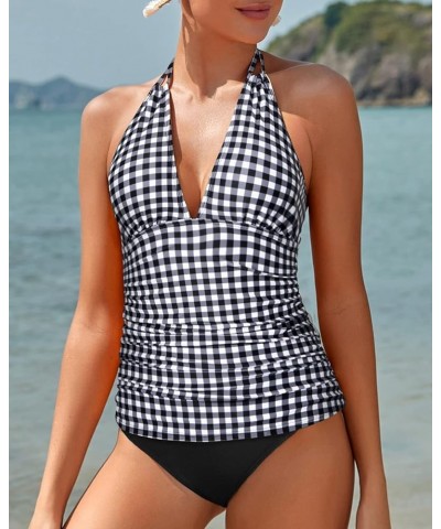 Womens Two Piece Swimsuits Tummy Control Tankini Plus Size Bathing Suit Halter V Neck Swimwear Black White Checkered $19.37 S...