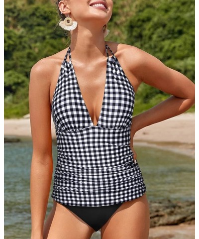 Womens Two Piece Swimsuits Tummy Control Tankini Plus Size Bathing Suit Halter V Neck Swimwear Black White Checkered $19.37 S...