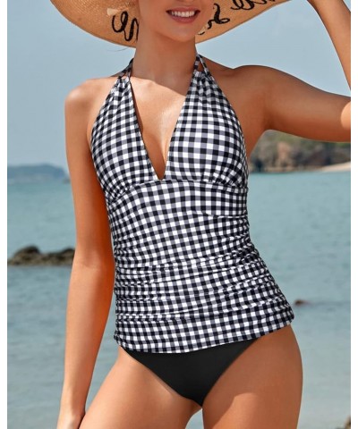 Womens Two Piece Swimsuits Tummy Control Tankini Plus Size Bathing Suit Halter V Neck Swimwear Black White Checkered $19.37 S...