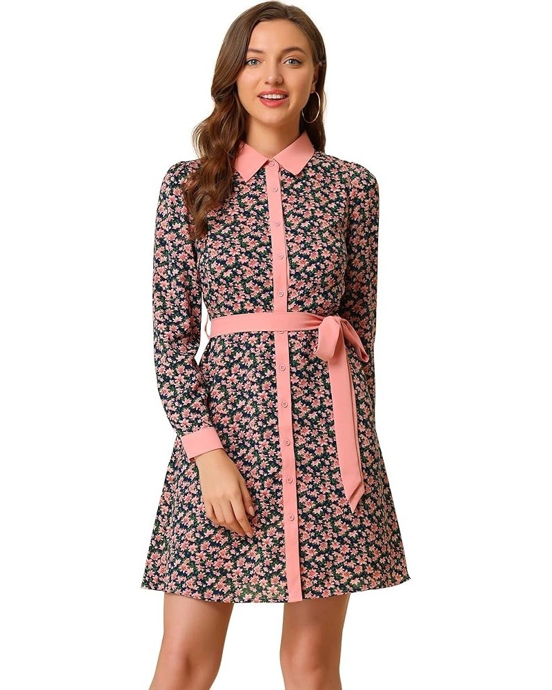 Women's Contrast Collar Button Front Vintage Long Sleeve Floral Shirt Dress Blue $24.77 Blouses