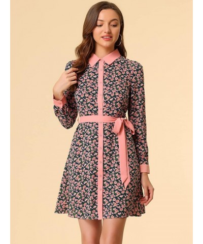 Women's Contrast Collar Button Front Vintage Long Sleeve Floral Shirt Dress Blue $24.77 Blouses