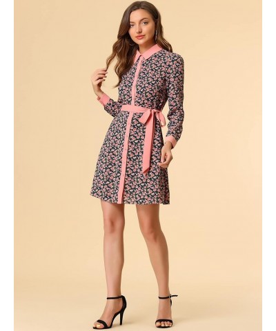 Women's Contrast Collar Button Front Vintage Long Sleeve Floral Shirt Dress Blue $24.77 Blouses