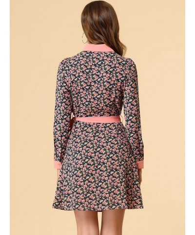 Women's Contrast Collar Button Front Vintage Long Sleeve Floral Shirt Dress Blue $24.77 Blouses