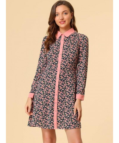 Women's Contrast Collar Button Front Vintage Long Sleeve Floral Shirt Dress Blue $24.77 Blouses