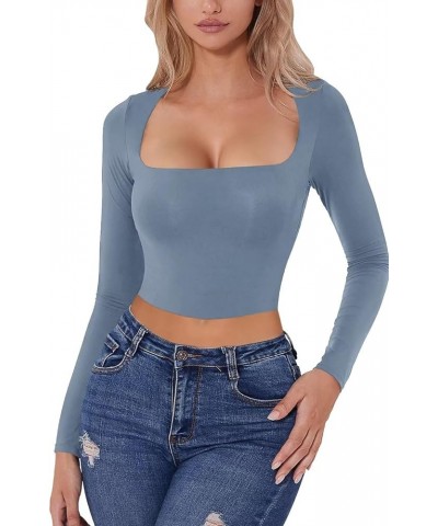 Womens Sexy Square Neck Long Sleeve Knitted Basic Crop Top Slim Fit Yoga Tight Shirts 03 Grey Blue $8.36 T-Shirts