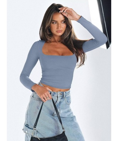 Womens Sexy Square Neck Long Sleeve Knitted Basic Crop Top Slim Fit Yoga Tight Shirts 03 Grey Blue $8.36 T-Shirts