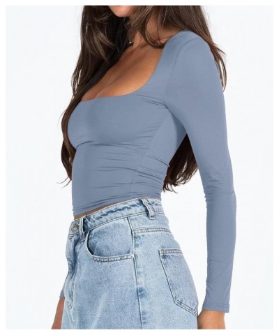 Womens Sexy Square Neck Long Sleeve Knitted Basic Crop Top Slim Fit Yoga Tight Shirts 03 Grey Blue $8.36 T-Shirts