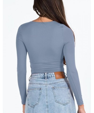 Womens Sexy Square Neck Long Sleeve Knitted Basic Crop Top Slim Fit Yoga Tight Shirts 03 Grey Blue $8.36 T-Shirts