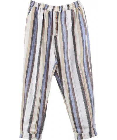 Womens Striped Linen Pants Casual Wide Leg Cropped Trousers Light Blue $20.89 Pants