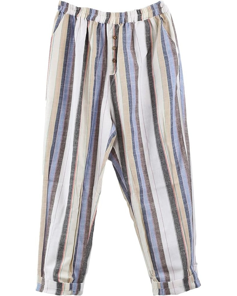 Womens Striped Linen Pants Casual Wide Leg Cropped Trousers Light Blue $20.89 Pants