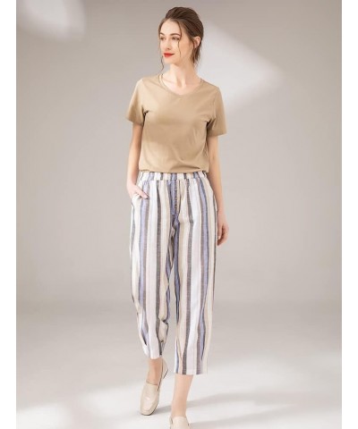 Womens Striped Linen Pants Casual Wide Leg Cropped Trousers Light Blue $20.89 Pants