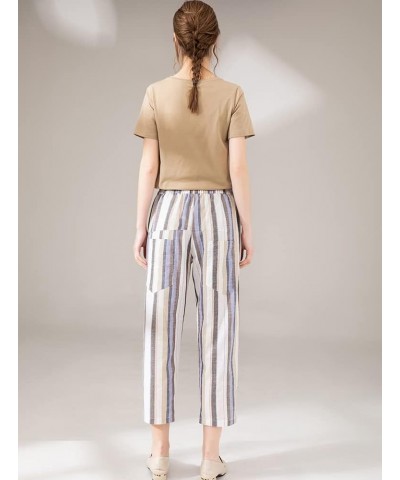 Womens Striped Linen Pants Casual Wide Leg Cropped Trousers Light Blue $20.89 Pants