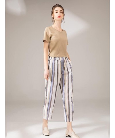 Womens Striped Linen Pants Casual Wide Leg Cropped Trousers Light Blue $20.89 Pants