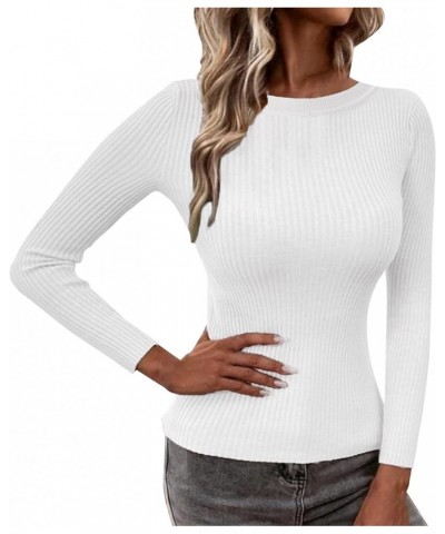 Long Sleeve Shirts for Women Fall and Winter Solid Color Knit Shirt Round Neck Stripe Slim Fitting Warm Versatile White-2 $4....