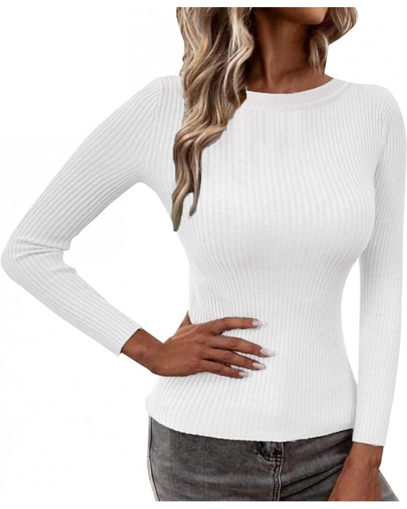 Long Sleeve Shirts for Women Fall and Winter Solid Color Knit Shirt Round Neck Stripe Slim Fitting Warm Versatile White-2 $4....